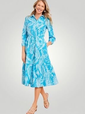Talbots Linen Cotton Shirtdress 16 Aqua Turquoise White Paisley Ruffle Hem Draws